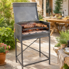 Nuke Pampa Argentijnse houtskoolbarbecue met gegrilde ribstukken boven gloeiende kolen in een zonnige tuin.
