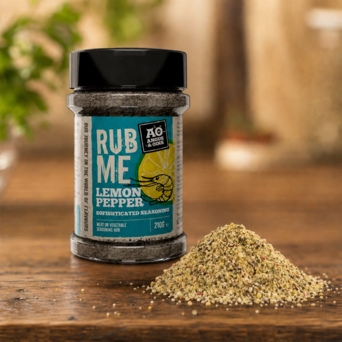 Angus & Oink Lemon Pepper rub met hoopje kruiden