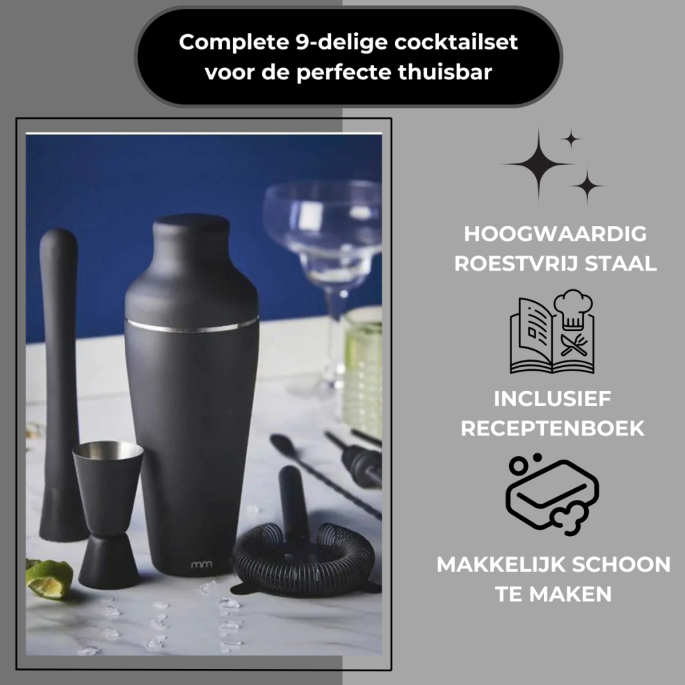 Mat Zwarte Cocktail Shaker Set – 9-delig Compleet