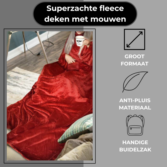Snugs Deluxe XL Fleece Deken met Mouwen – 215x150 cm – Bruin en Rood