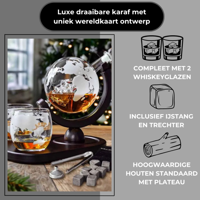 Globe Decanter Set Luxe Uitvoering 0.9L – Compleet Met Whiskeyglazen, Stones En Houten Plateau