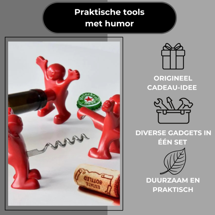 Happy Man Set – Flesopener, Kurkentrekker & Flessenstopper