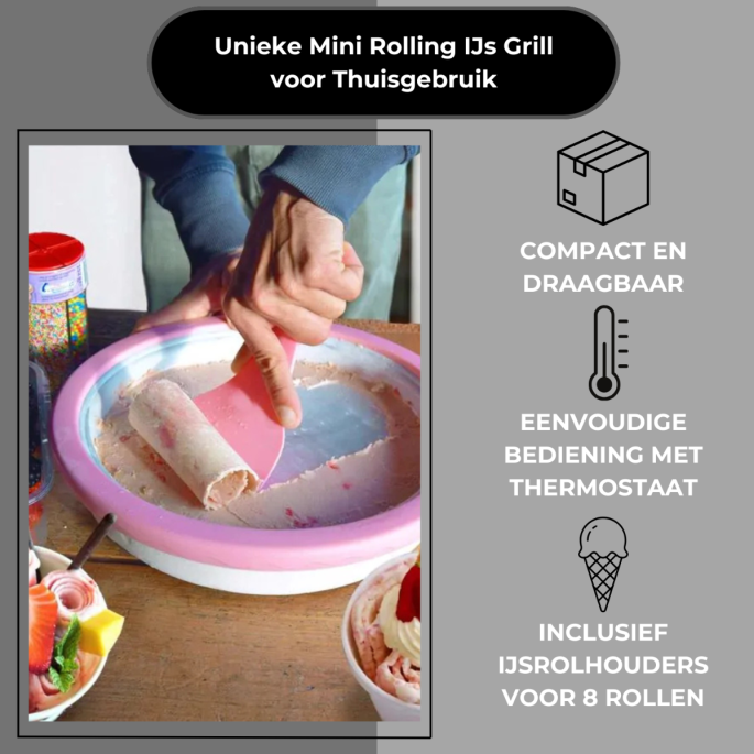 Mini Rolling IJs Grill – Compacte IJsrolmaker met Thermostaat en 8 IJsrolhouders