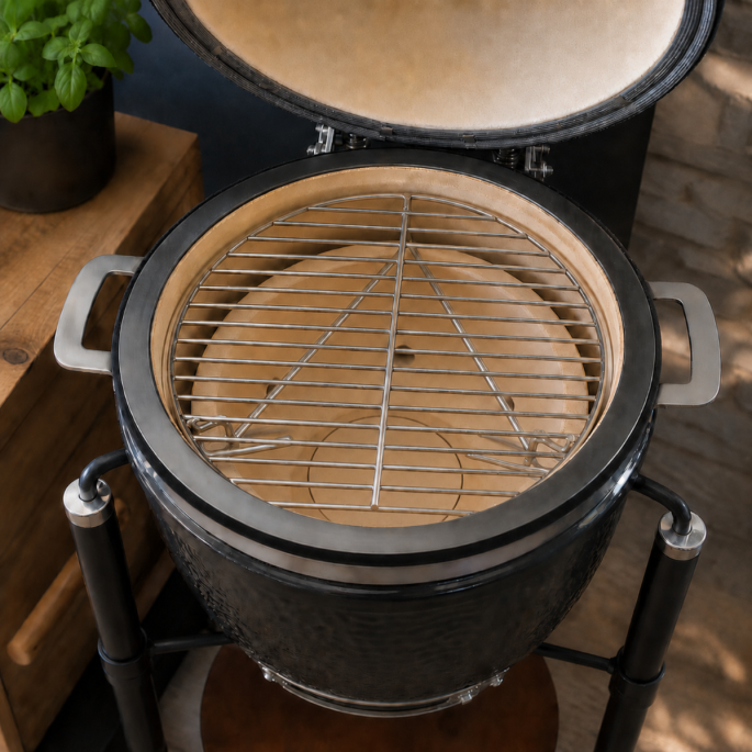 Monolith Junior kamado barbecue met grillrooster en keramische firebox geplaatst
