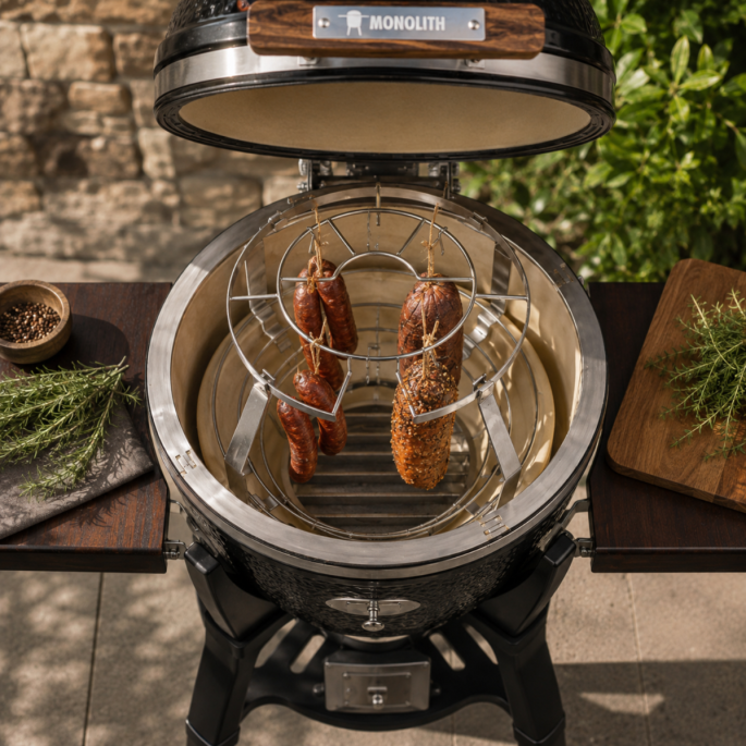 Monolith rookset .55 in gebruik met hangende worsten en vlees in een Monolith kamado.