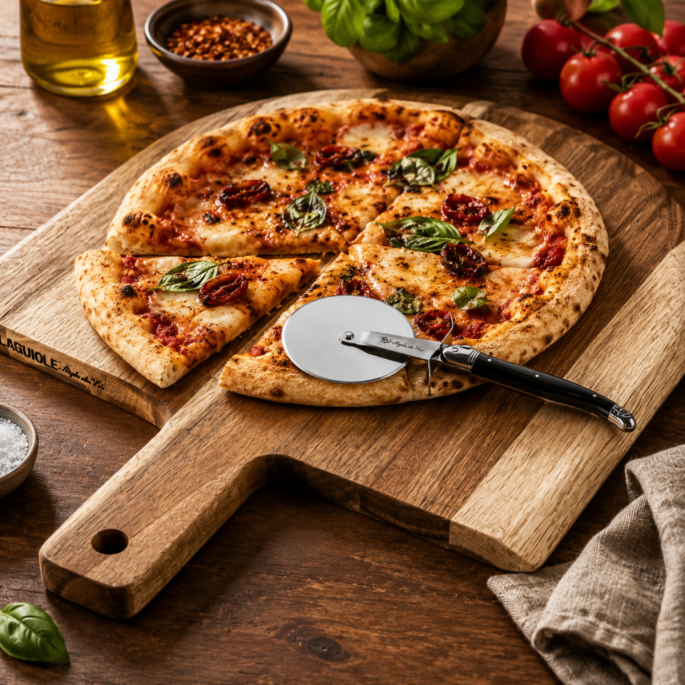 Pizzasnijder Zwart met Acaciahouten Plank