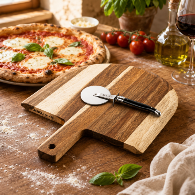 Pizzasnijder Zwart met Acaciahouten Plank