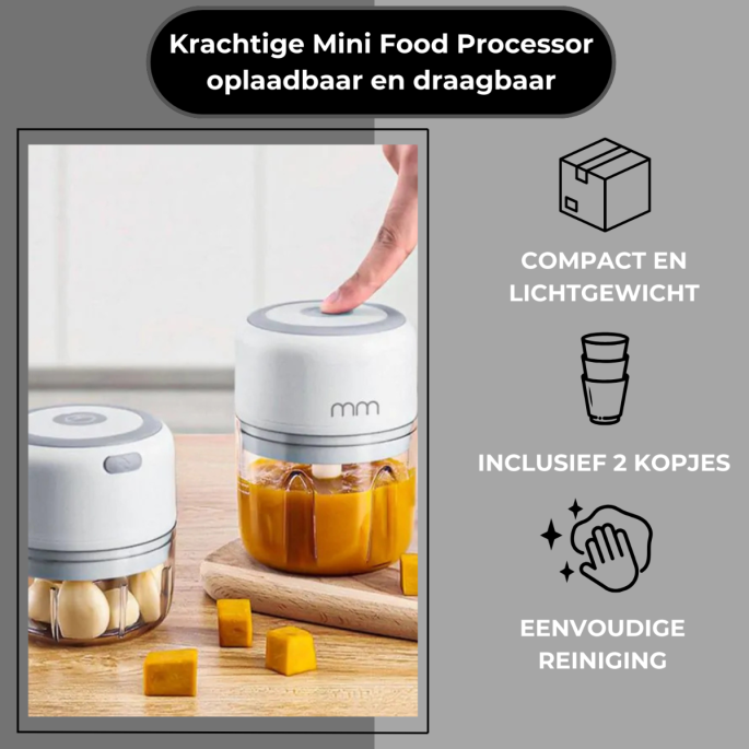 Draagbare Oplaadbare Mini Food Processor – Met 2 Maatbekers en Roestvrijstalen Messen