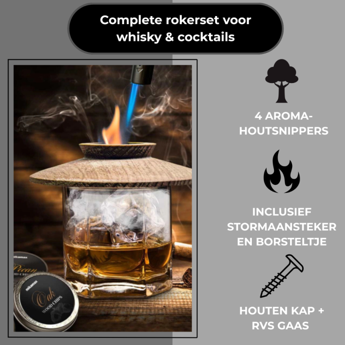 Whisky Smoker Set – Complete Rookset met Houtsnippers & Brander