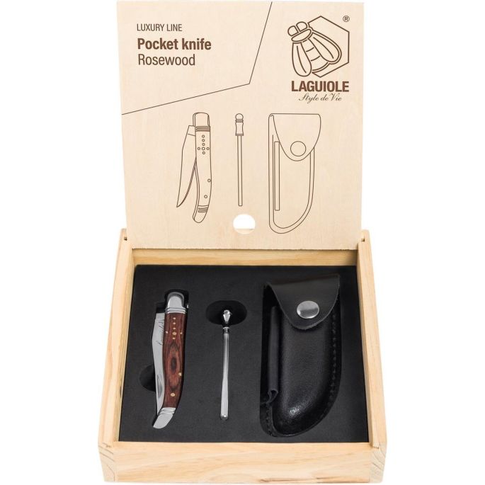 Zakmes Zebrano hout incl. aanzetstaal en etui