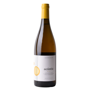 Acústic Blanc Montsant 2023 witte wijn op een witte achtergrond.